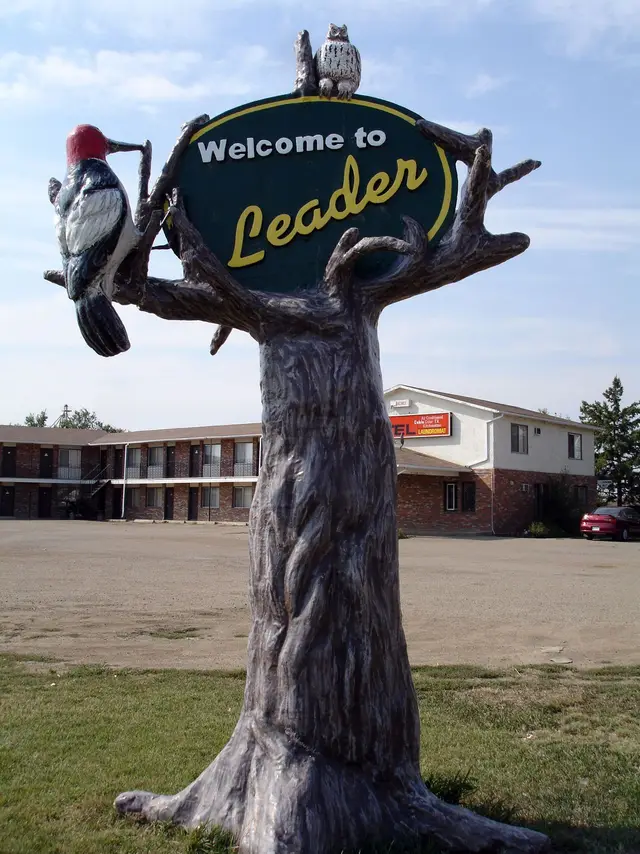 Leader welcome sign with woodpecker and owl